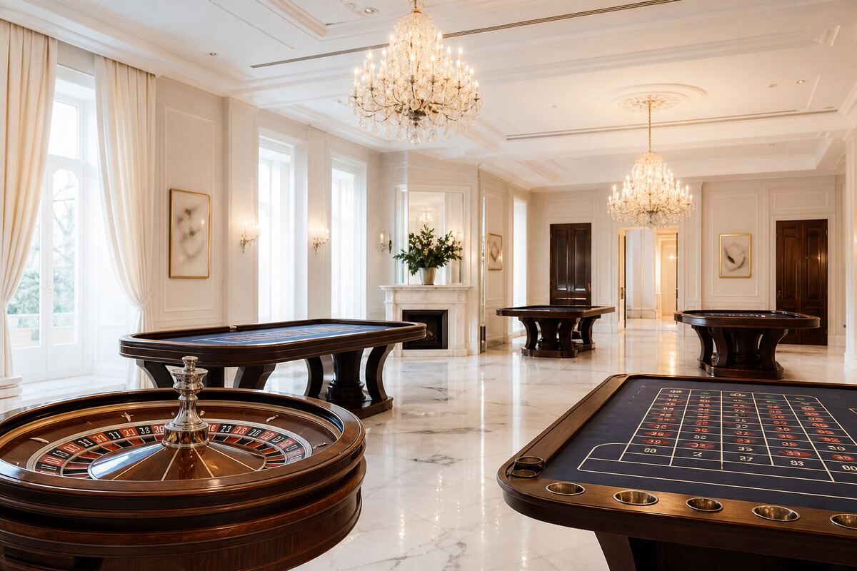 Sala gier Kraków Private Lounge — pusty salon z ruletką i żyrandolami